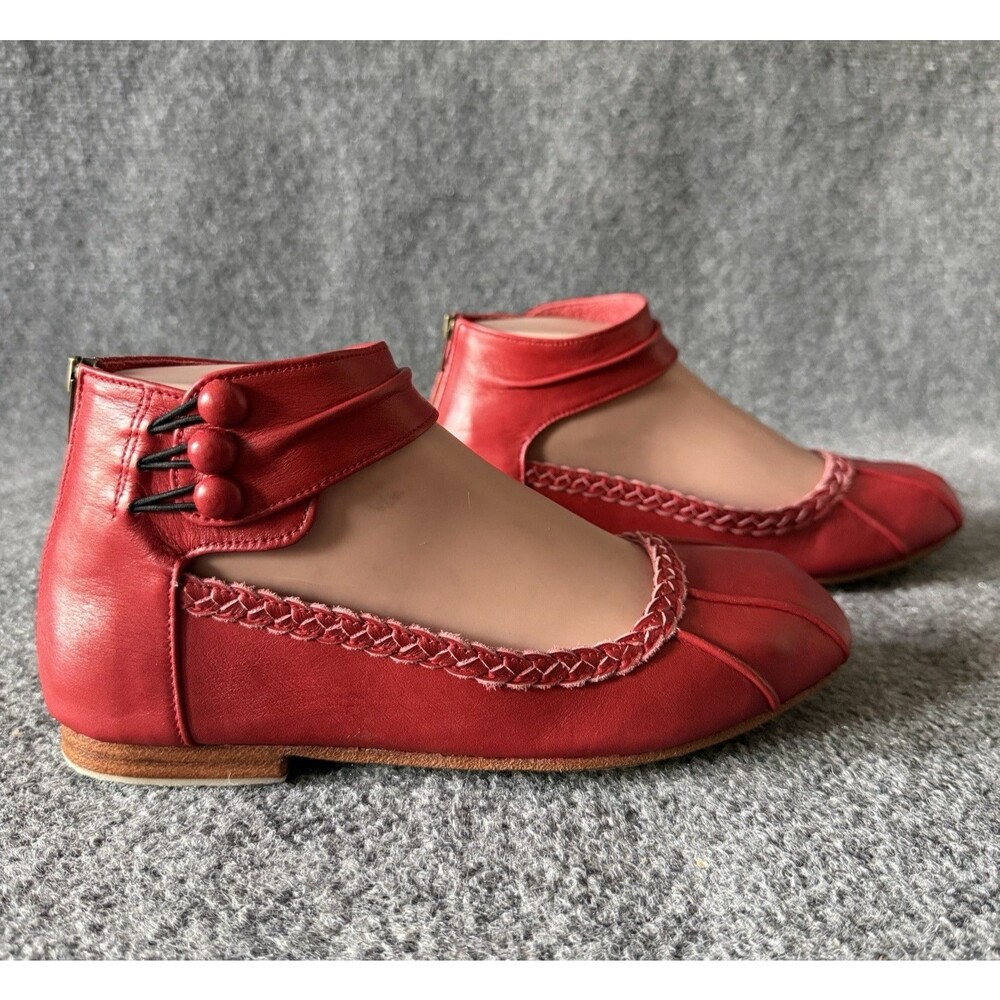 ELF Muse Red Leather Ankle Strap Ballet Flats Zip Closure Braided Trim Size 6
